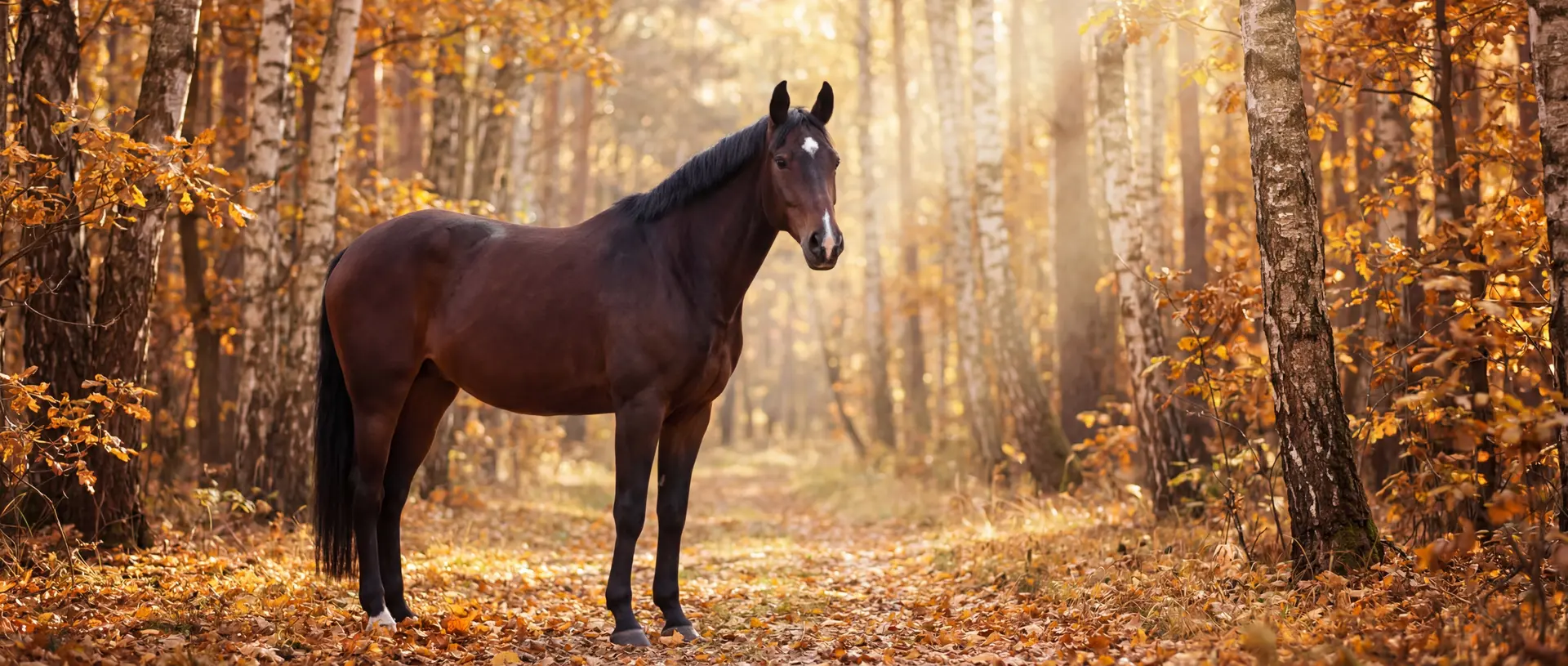 Pferd im Herbstwald zwischen Birken